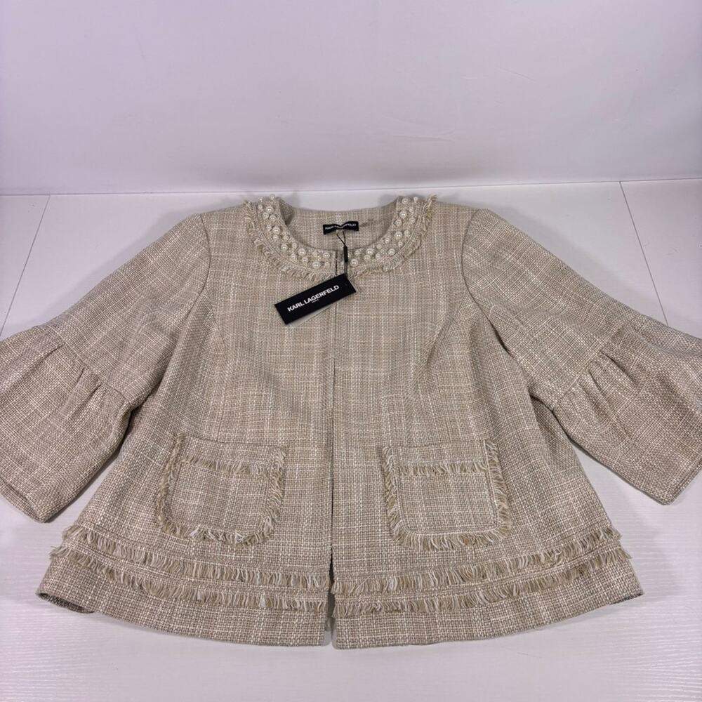 NWT Karl Lagerfeld Tweed Beige Bell Sleeve Women's Blazer Pearl Trim Size 14W C1 - Picture 3 of 9